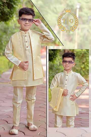 Party Wear Kids Kurta-Koti-Pyjama Set