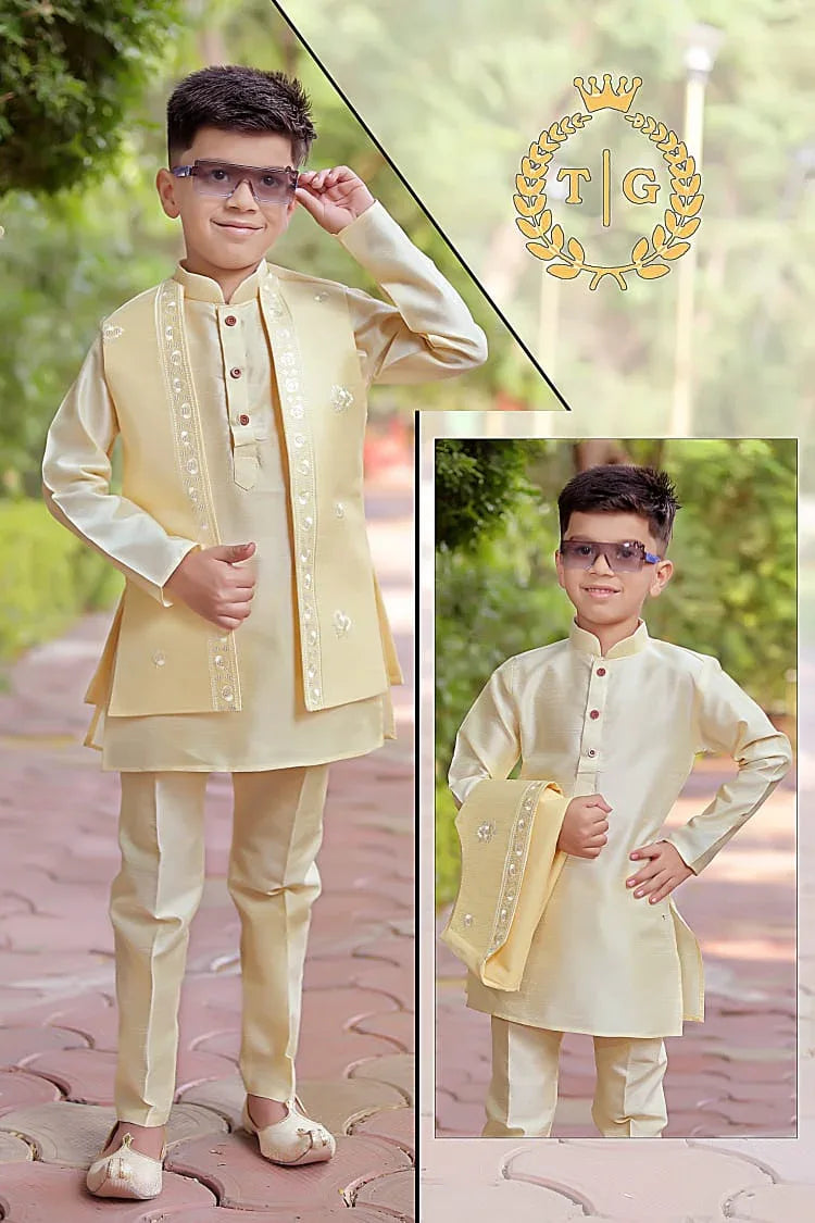 Party Wear Kids Kurta-Koti-Pyjama Set