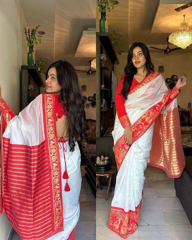 Beautiful Traditional Puja Special Soft Lichi Silk White Saree