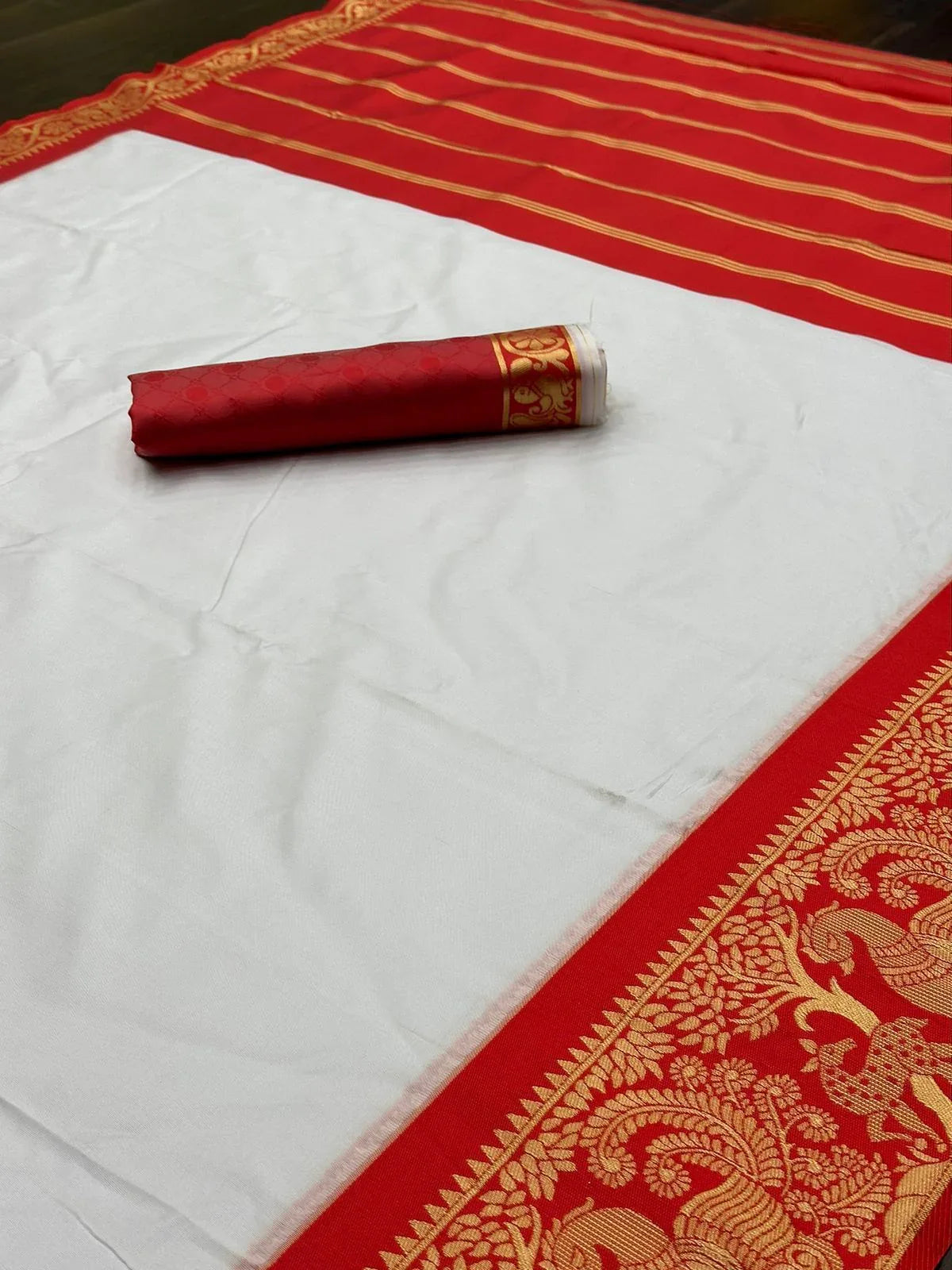 Beautiful Traditional Puja Special Soft Lichi Silk White Saree