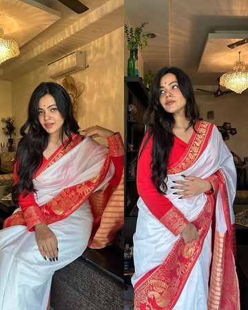 Beautiful Traditional Puja Special Soft Lichi Silk White Saree