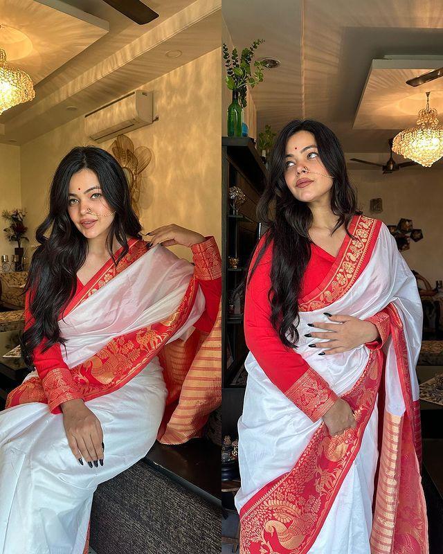 Beautiful Traditional Puja Special Soft Lichi Silk White Saree