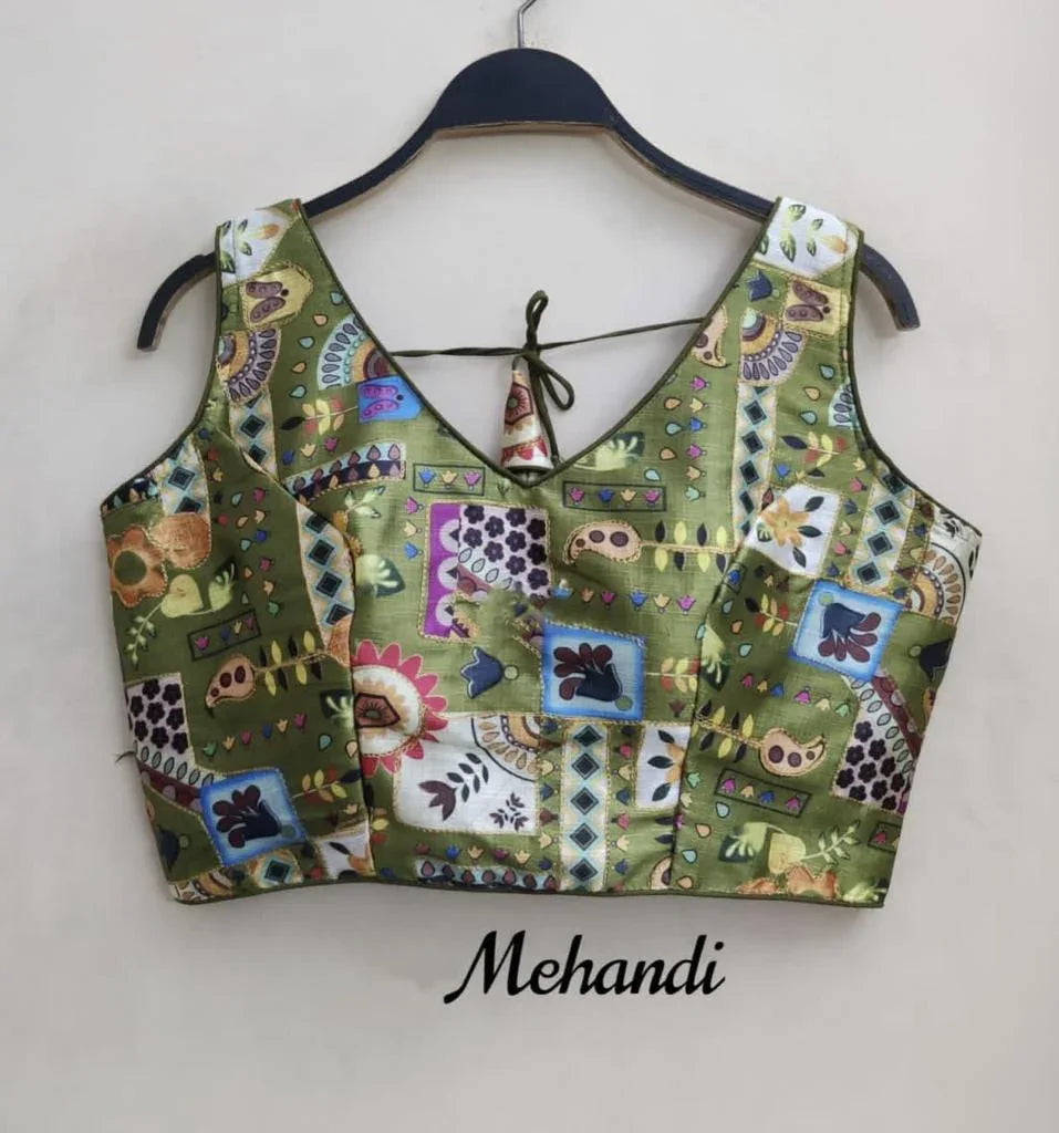 Party Wear Designer Digital Print Raw Silk With Codding Work Blouse