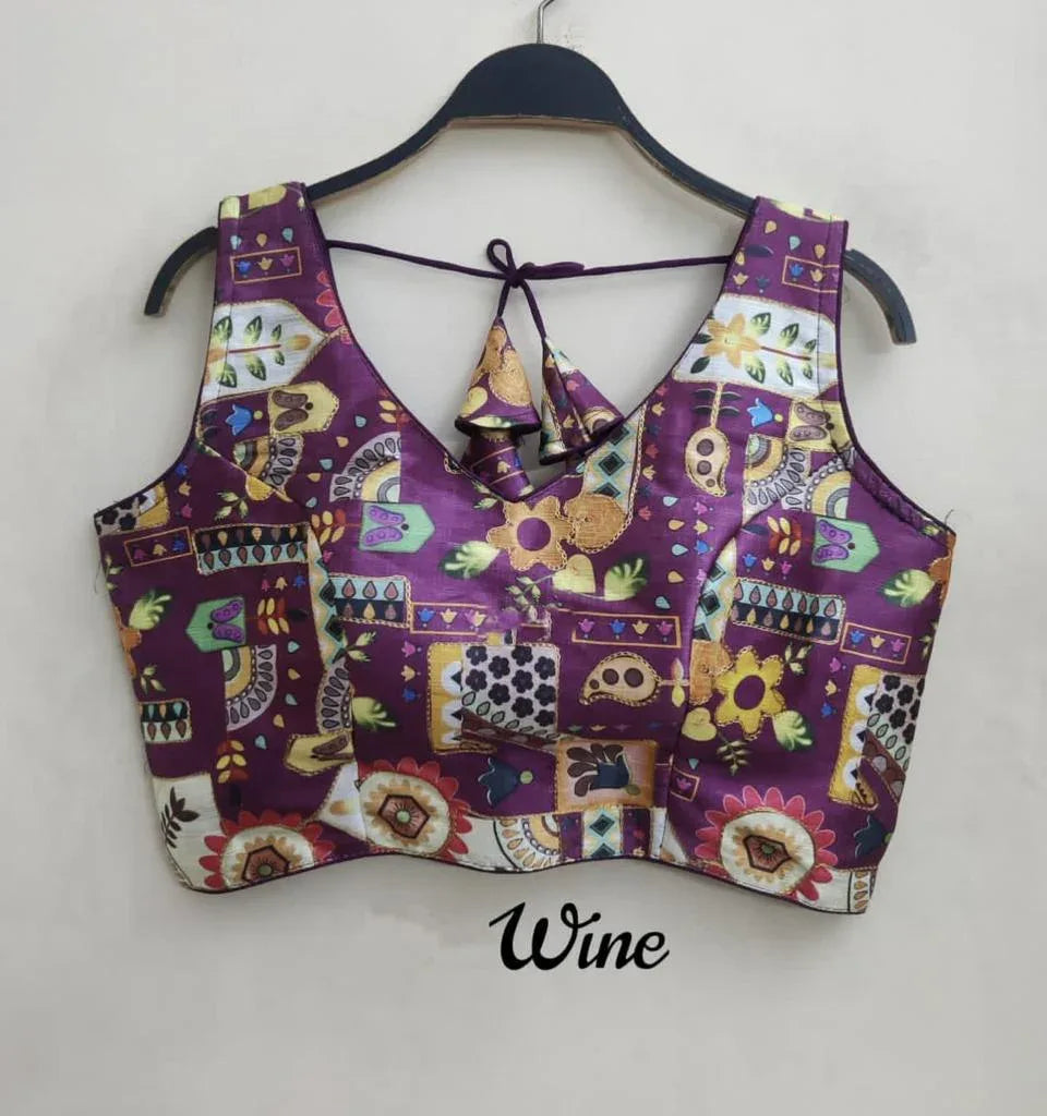 Party Wear Designer Digital Print Raw Silk With Codding Work Blouse