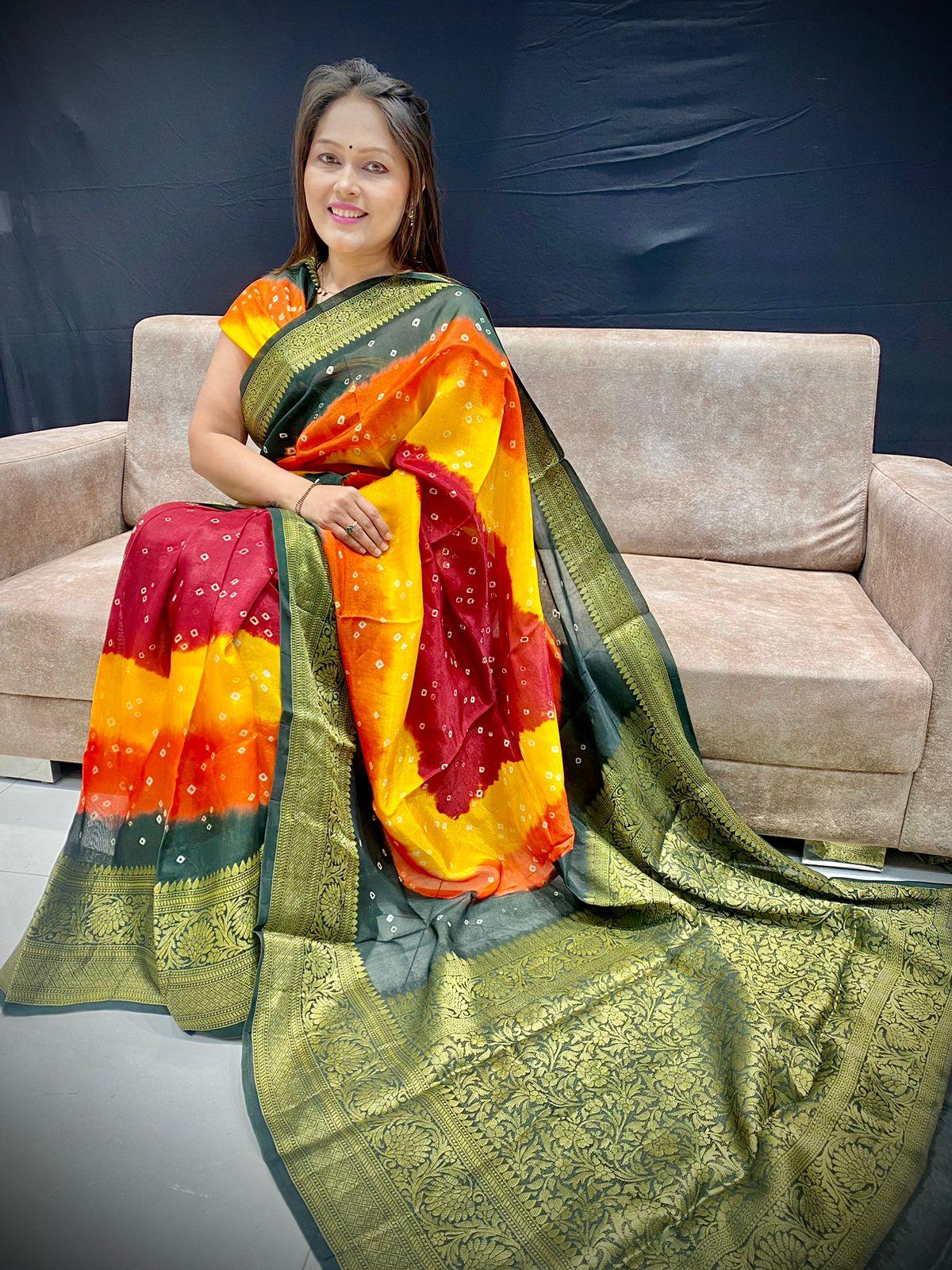 Beautiful Designer Kanjivaram Cotton Silk Bandhani Saree Sugandha