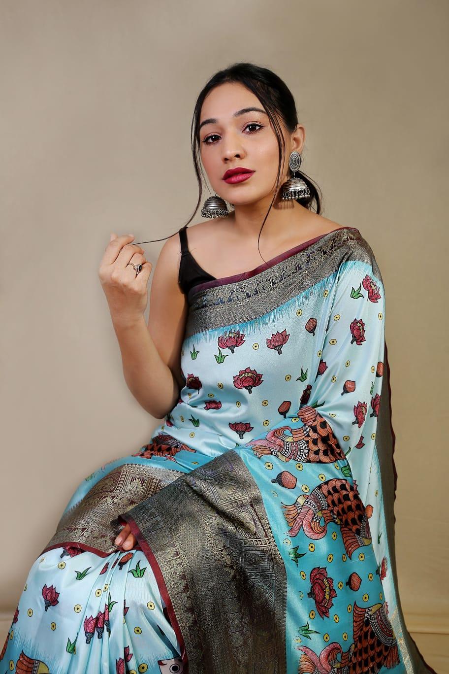 Beautiful Pure kanchipuram Dharmavaram Kalamkari Digital Printed Saree