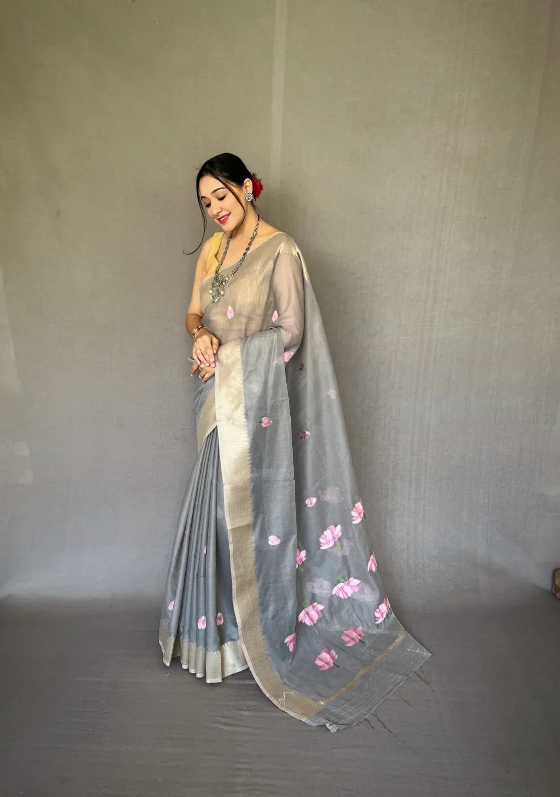 Party Wear Designer Lotus Pure Cotton Linen Saree