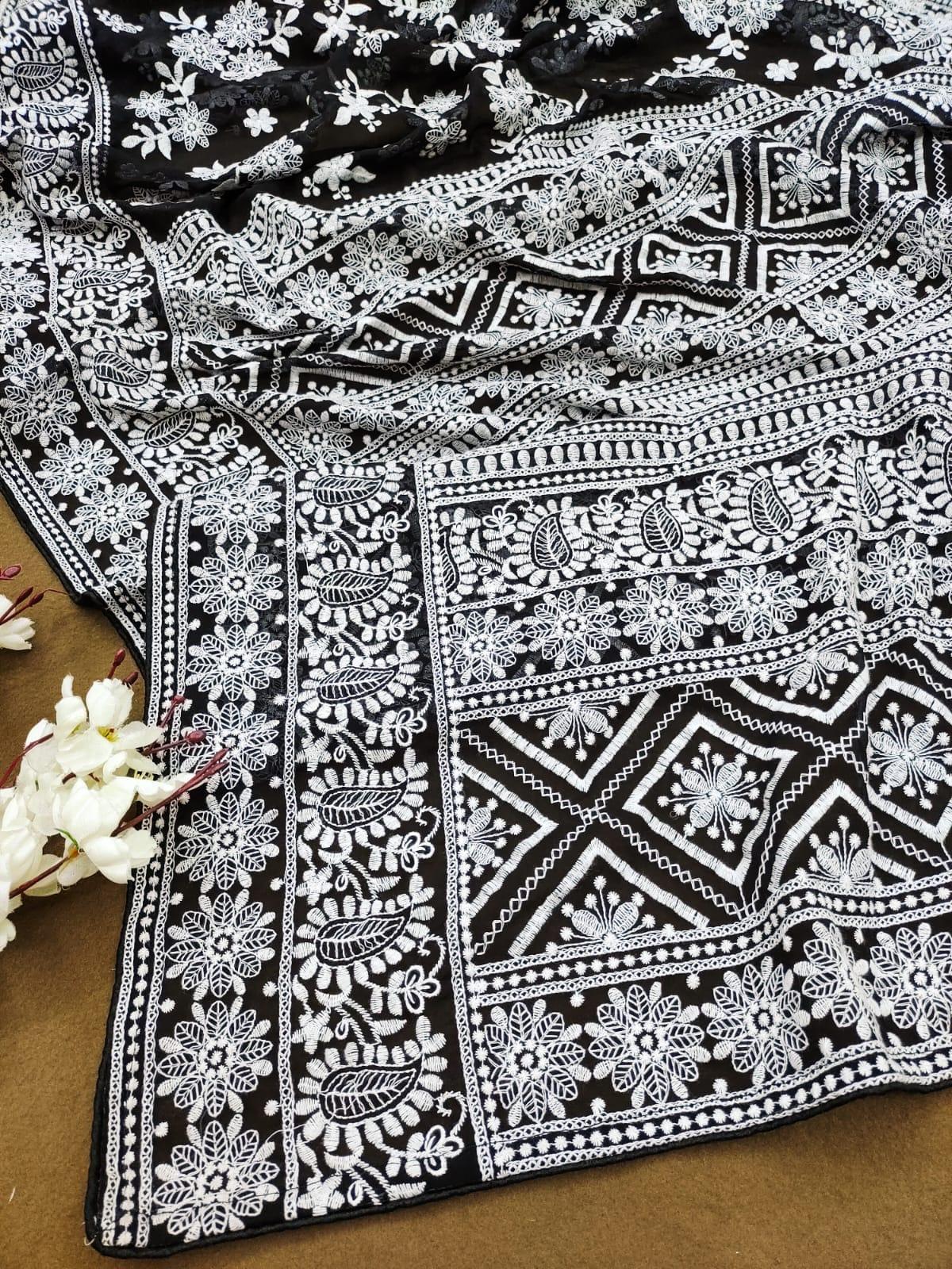 Beautiful Designer Pure Georgette Lakhnowi Thread Work Saree