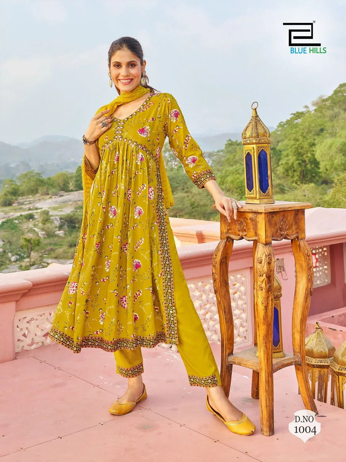 Libaas 14 kg Rayon Foil Print Alia Cut Embroidered Kurti Pant Dupatta Set (1049x08)