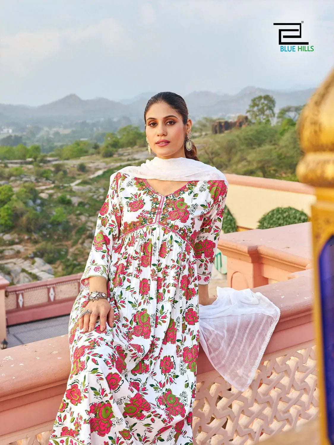 Libaas 14 kg Rayon Foil Print Alia Cut Embroidered Kurti Pant Dupatta Set (1049x08)