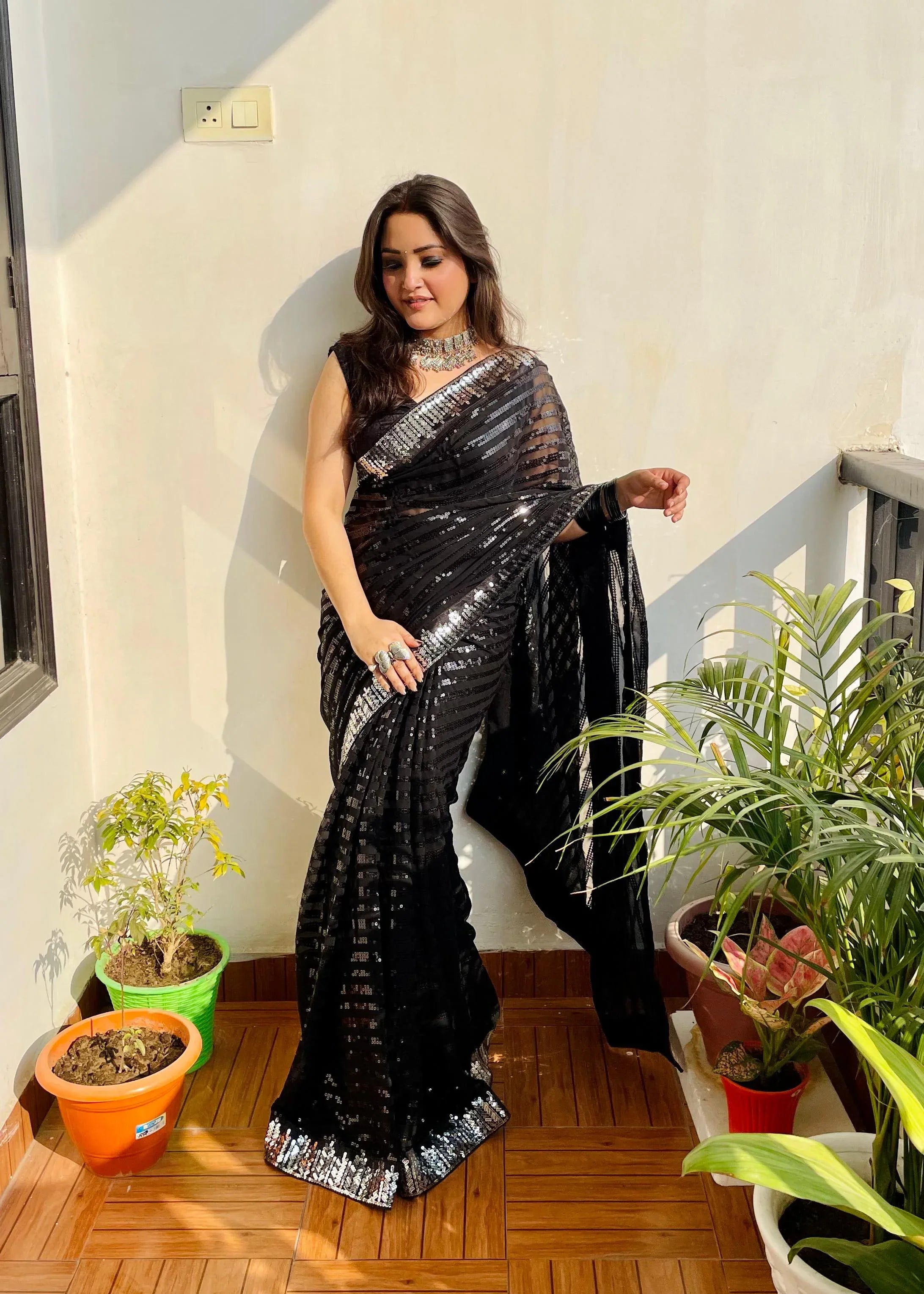 Beautiful Designer Sequence Embroidery Work Saree