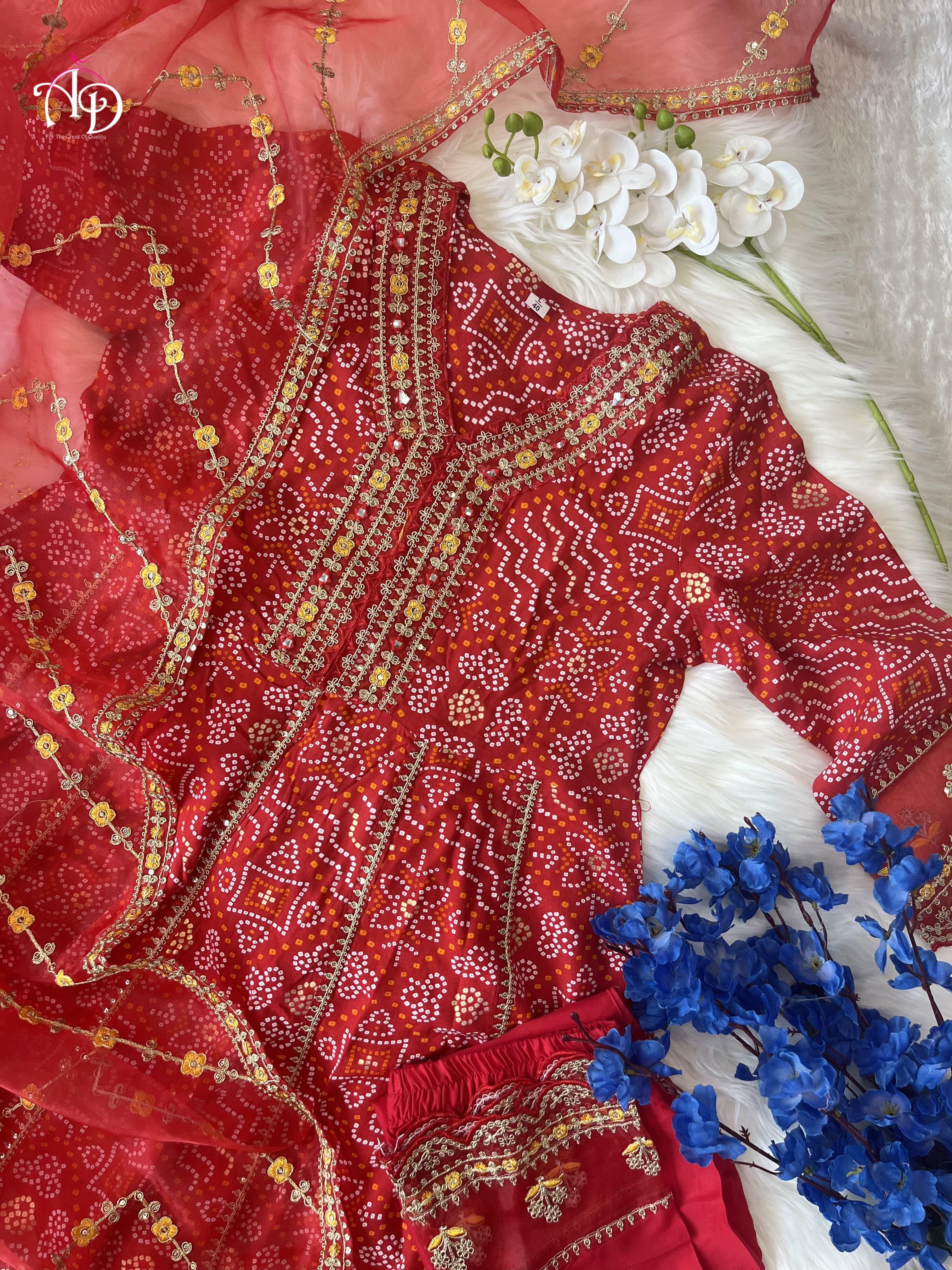 Meera Designer Red Voluminous Anarkali Readymade Suit
