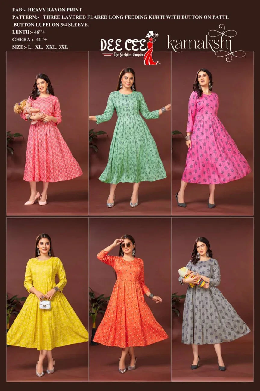 Deecee Kamakshi Heavy Riyon Print kurti series 101 to 106 (345x06)