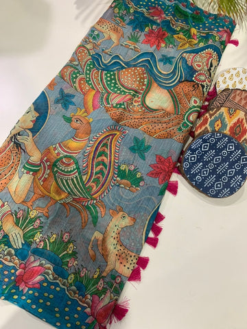Hanika Kalamkari Pecock Desine Border Lenin Blend Saree