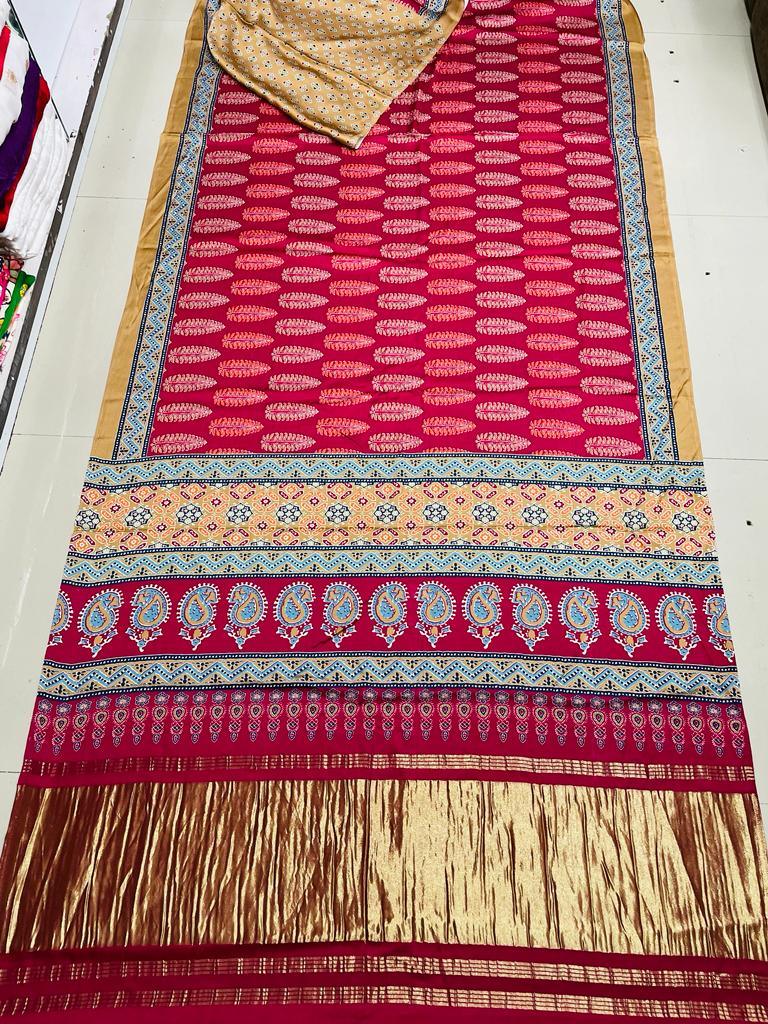Beautiful Designer Bandhej
Gajji Silk Ajrakh Lagdi Pallu Sarees