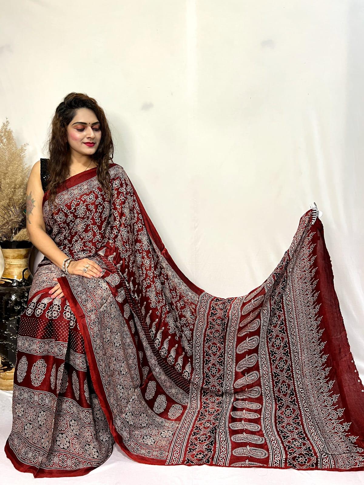 Beautiful Designer Ajrakh Pure Guji Bandhej Saree