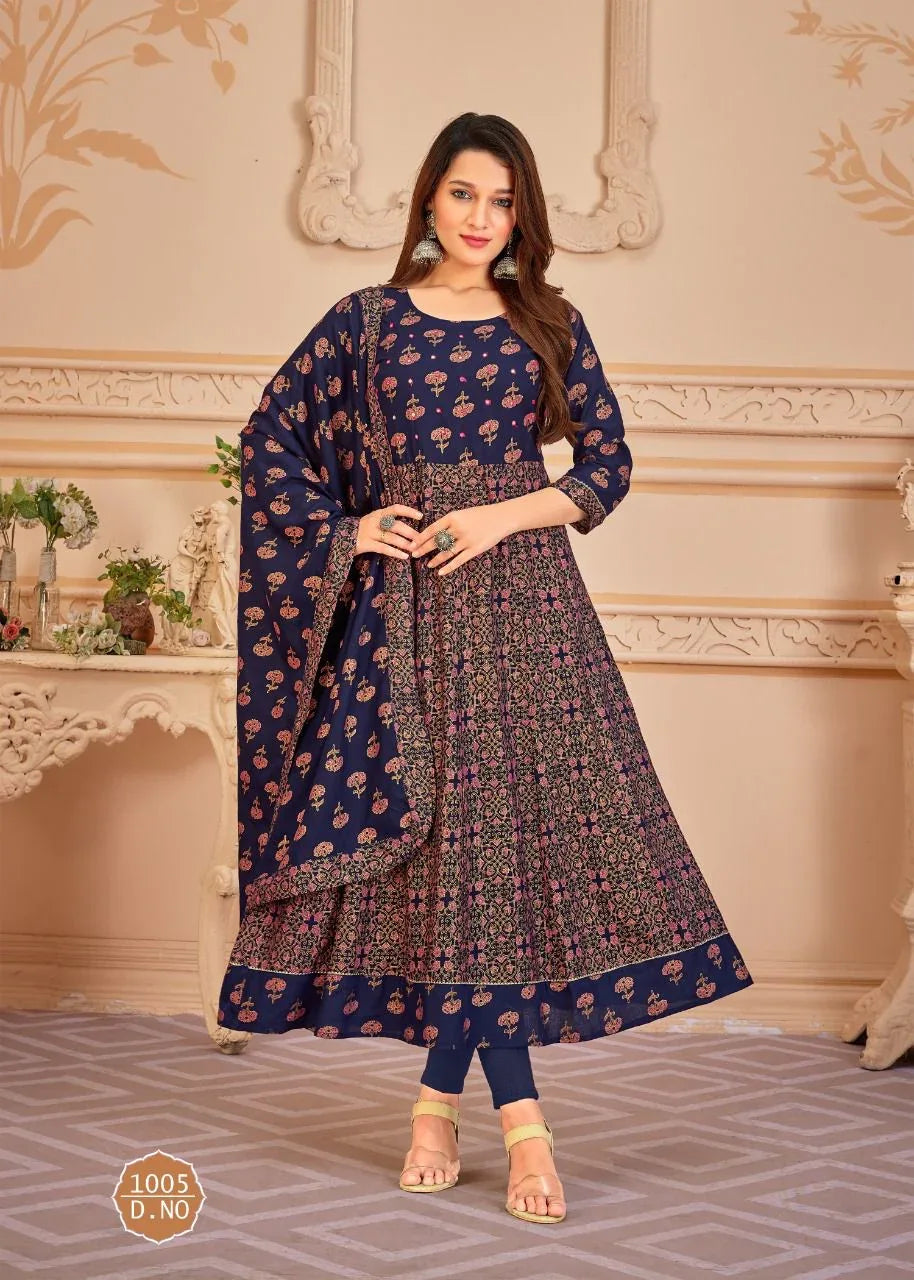 Pankh V 6 Top Heavy 14 Kg Rayon With Multi Colour Foil Print With Duppta Readymade Reyon Gown (550x05)