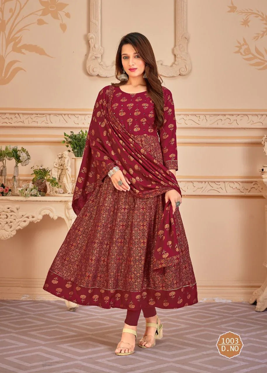 Pankh V 6 Top Heavy 14 Kg Rayon With Multi Colour Foil Print With Duppta Readymade Reyon Gown (550x05)
