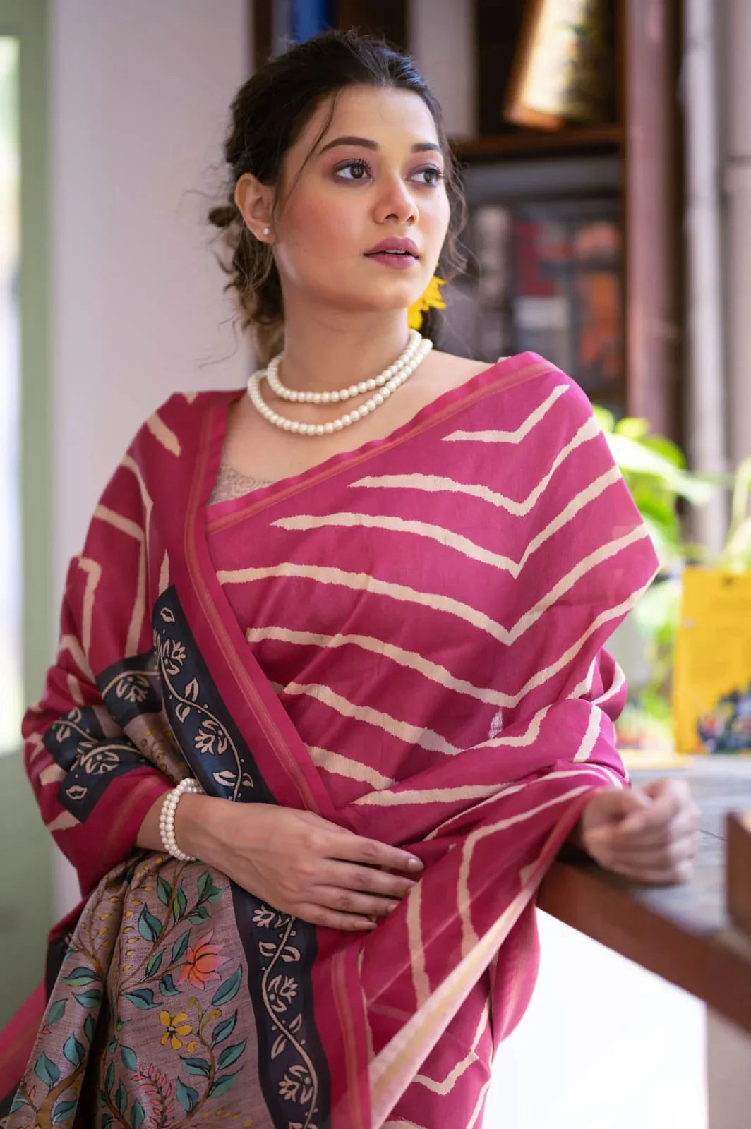 Beautiful Designer Laheriya With Kalamkari Tussar silk Saree