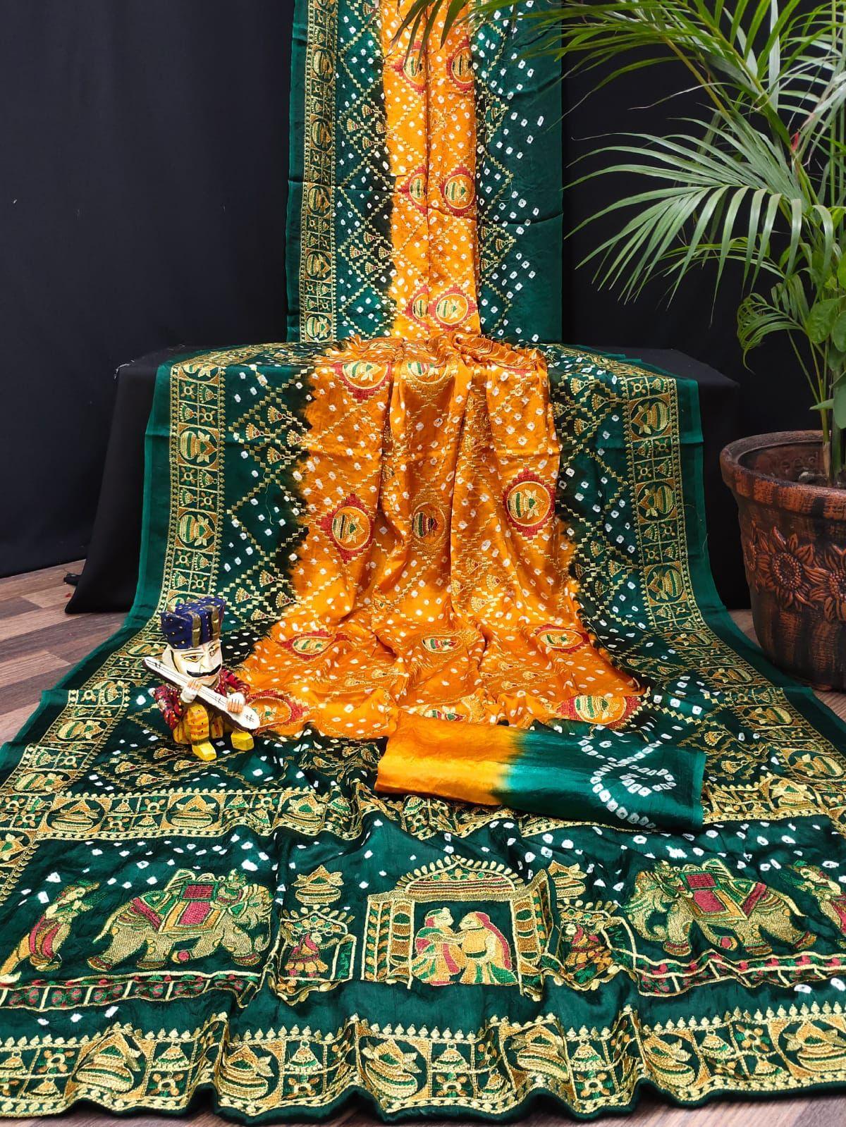 Beautiful Designer Tulshi Ajrakh Lagdi Patta Pure Gajji Soft Silk Saree