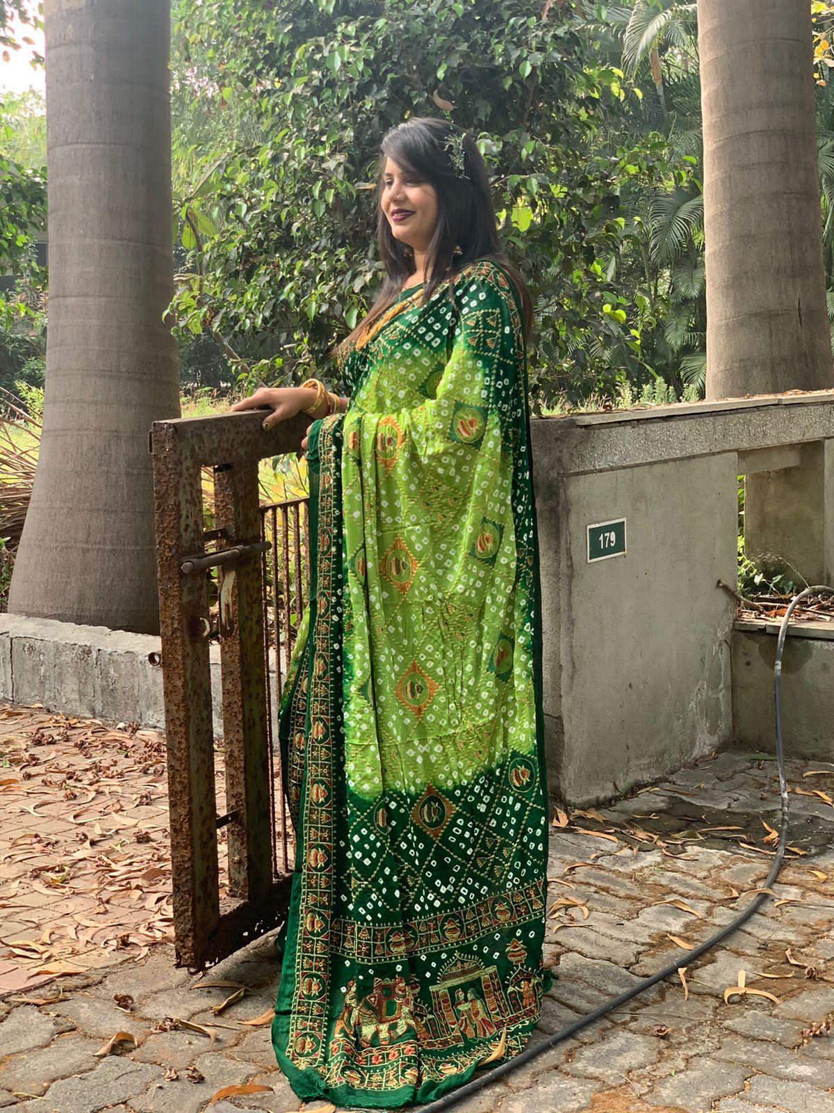 Beautiful Designer Tulshi Ajrakh Lagdi Patta Pure Gajji Soft Silk Saree