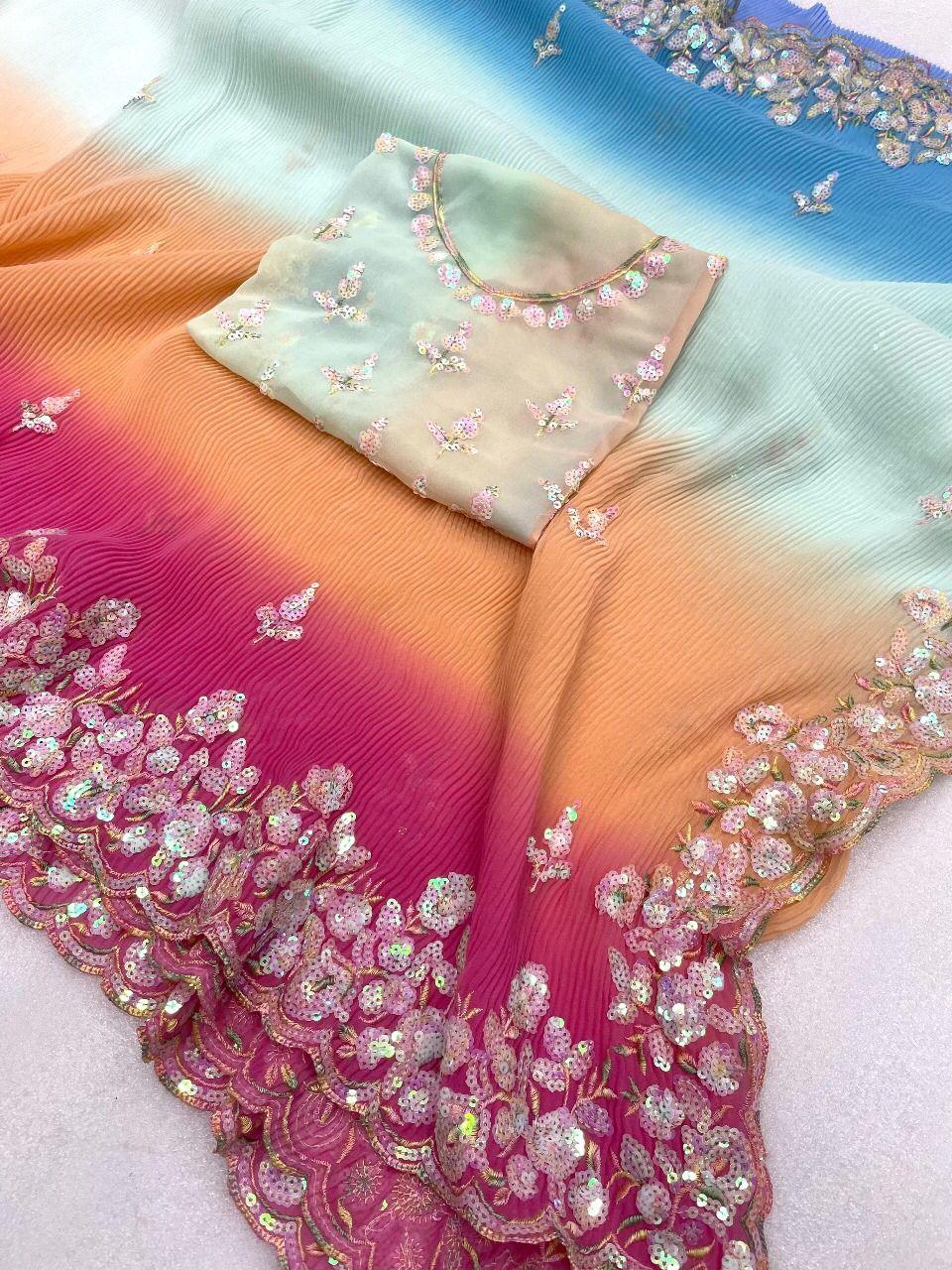 Beautiful Designer Soft Crush Multi Color Georgette Saree