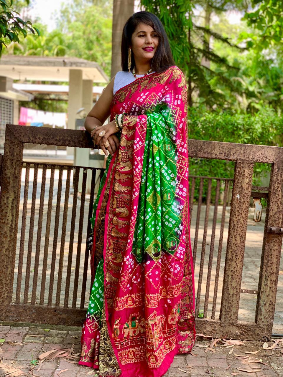 Beautiful Designer Pure Bandhej Panetar Ghantdi Work Saree