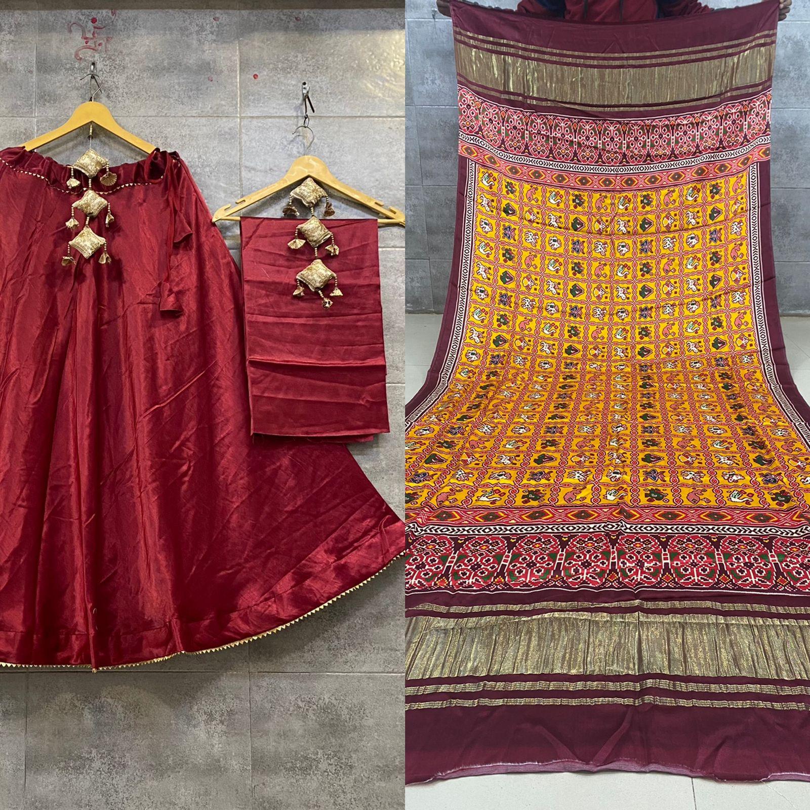 Pure Gaji Silk Masru Skirt With Gaji Silk Digital Print Dupatta