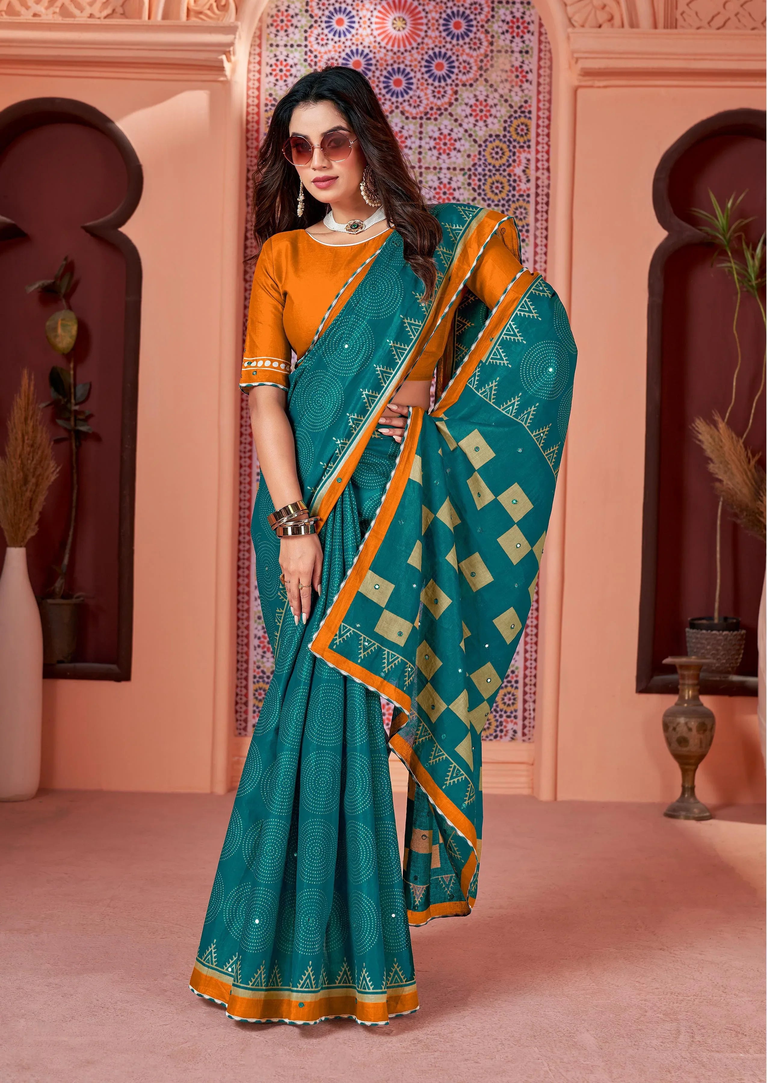 Jaipur Ikkat Cotton Block Print Mirror Pallu Saree