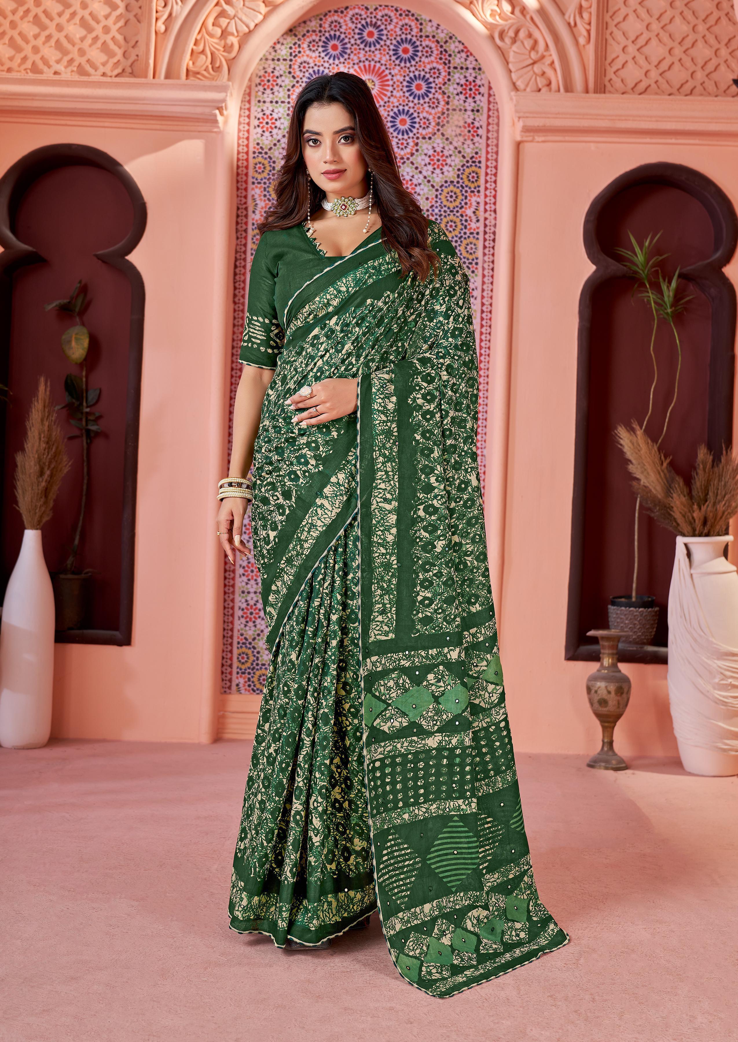 Jaipur Ikkat Cotton Block Print Mirror Pallu Saree