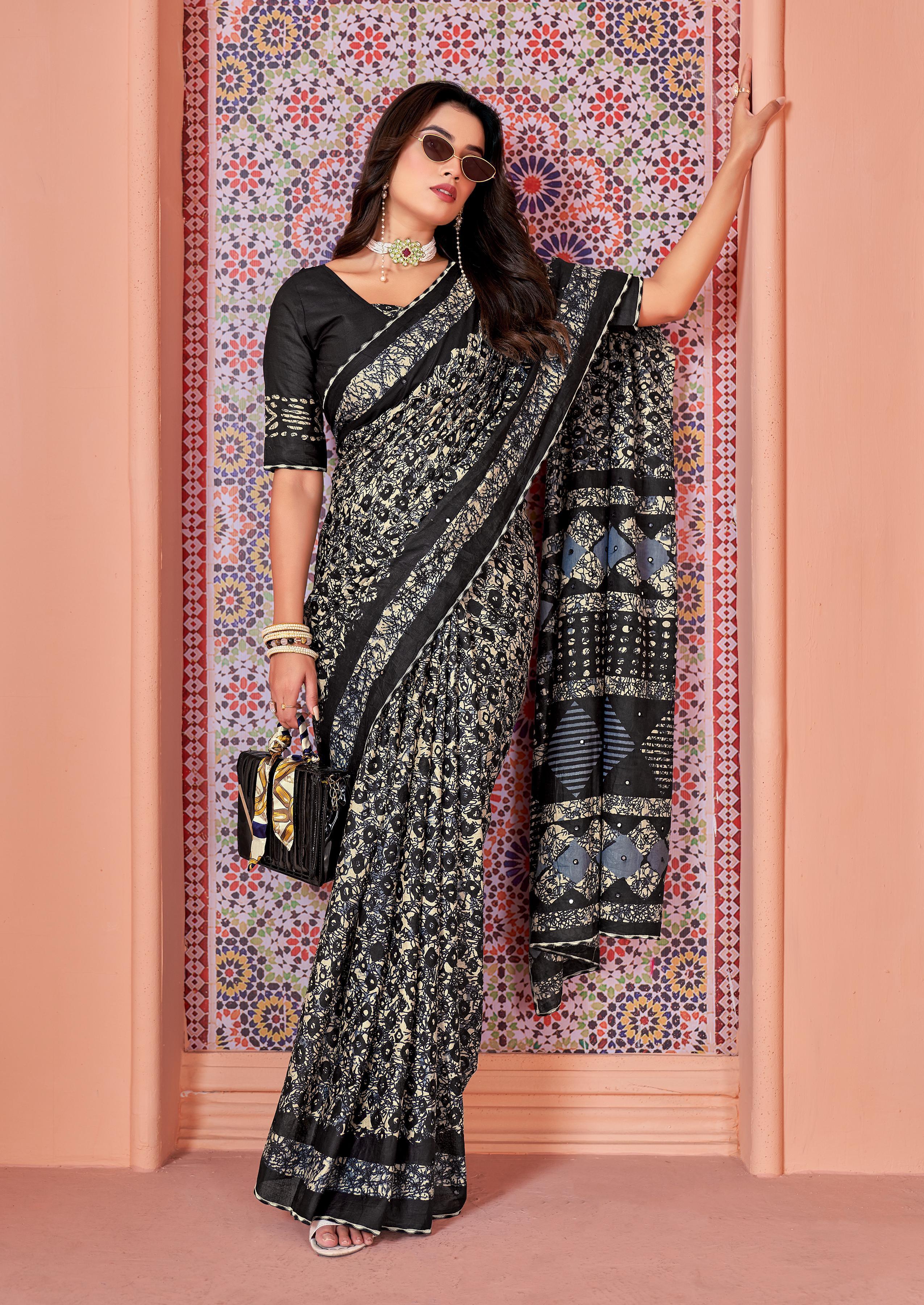 Jaipur Ikkat Cotton Block Print Mirror Pallu Saree