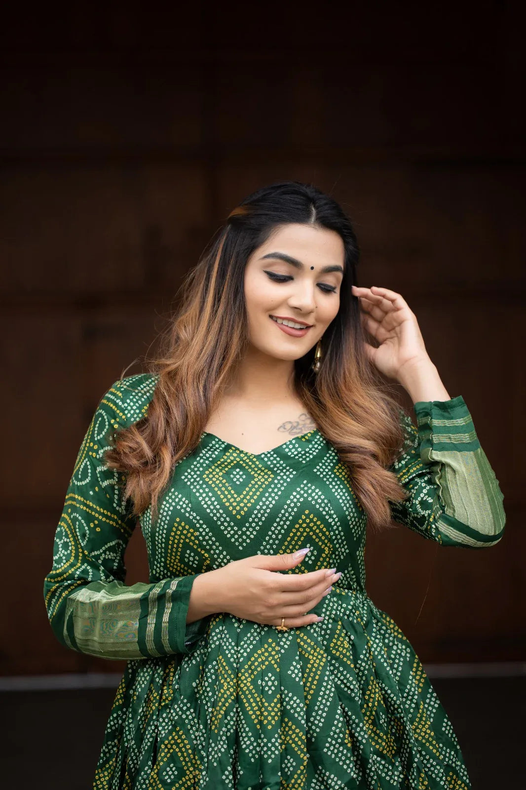 Beautiful Designer Ready To Wear Bandhej Print Gown