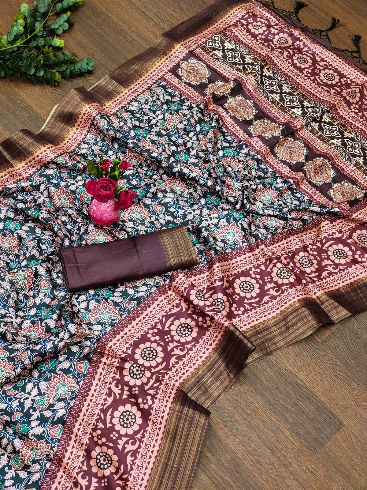 Beautiful Designer Soft Kalamkari Print Tussar Silk Saree
