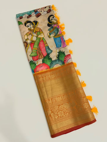 Beautiful Designer Soft Banarasi Silk Kalamkari Flower Print Saree