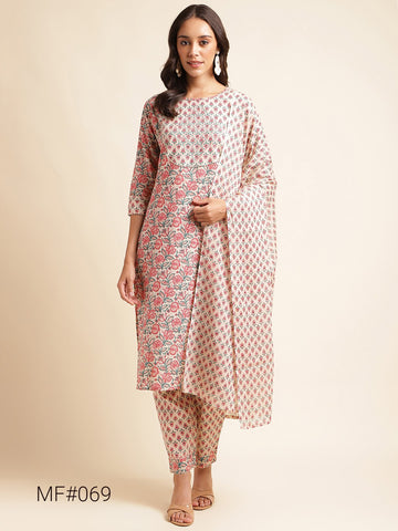 Beautiful Women Floral Print Straight Kurta with Pants & Dupatta