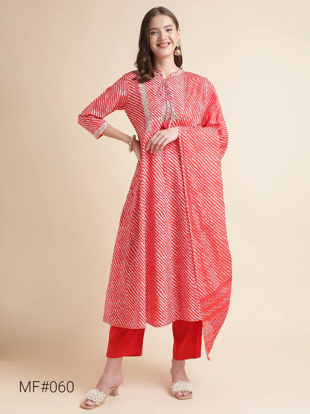 Beautiful Women Lehariya Print A-Line Kurta with Pants & Dupatta