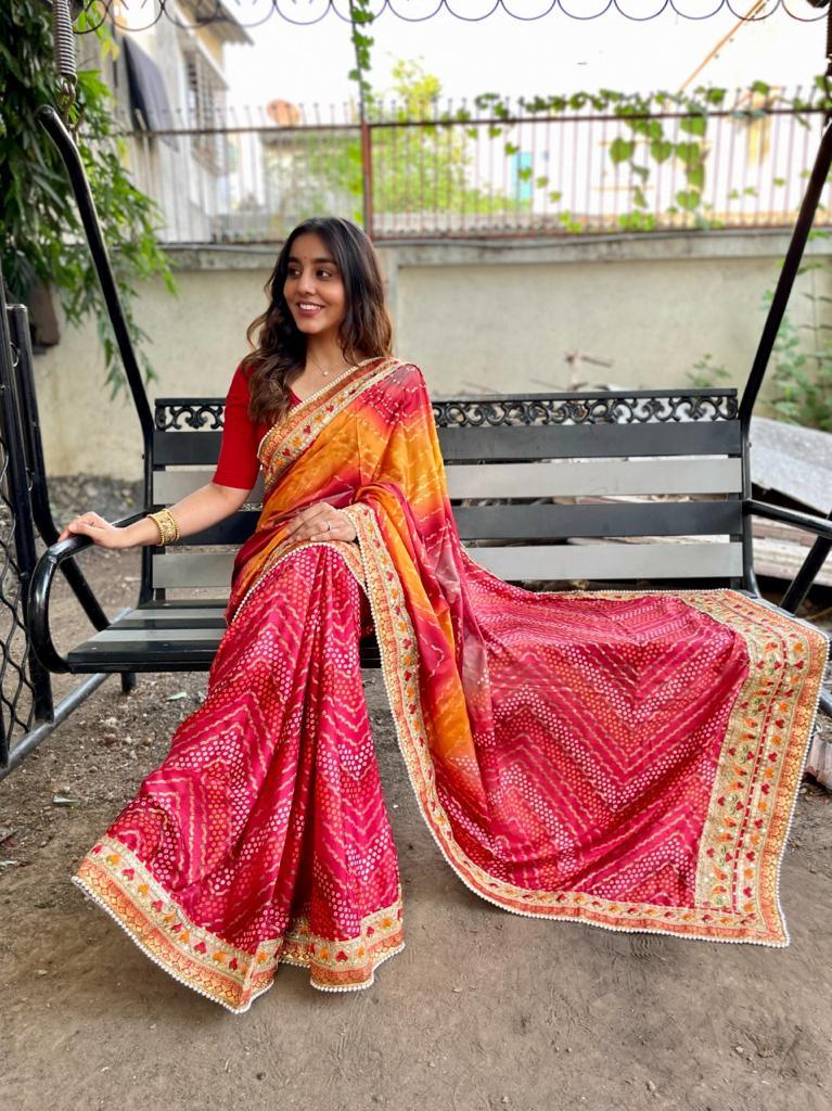 Beautiful Designer Bandhani Brige Moss Chiffon Saree
