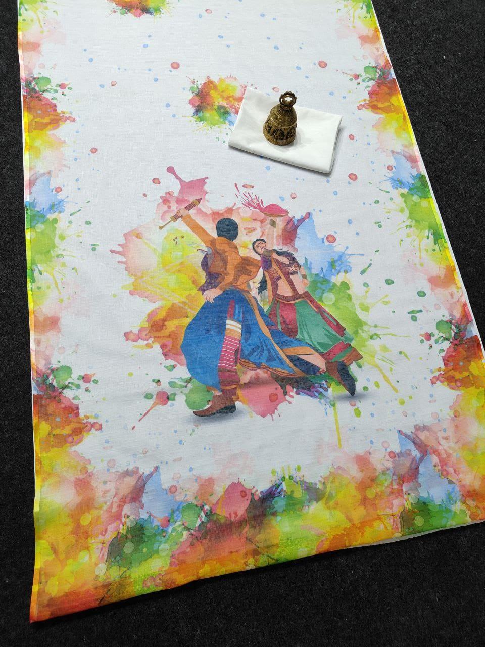 Beautiful Designer Holi Special Soft Plain Linen with Digital Print Saree