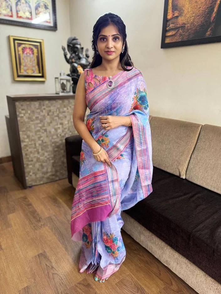 Beutiful Designer Party Wear Pure Cotton Linen Saree
