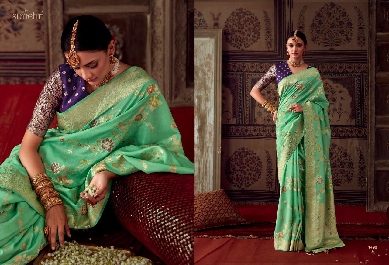 Party Wear Designer Sunehari Roopkala Banarasi Crepe Georgette Saree