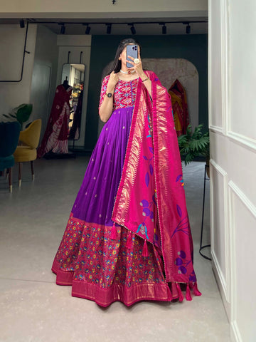 Beautiful Designer Tussar Silk Patola & Floral Print Gwon