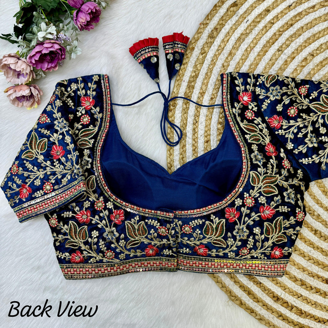 Designer Readymade Heavy Soft Velvet Real American Diamond Long Stitch Work Blouse