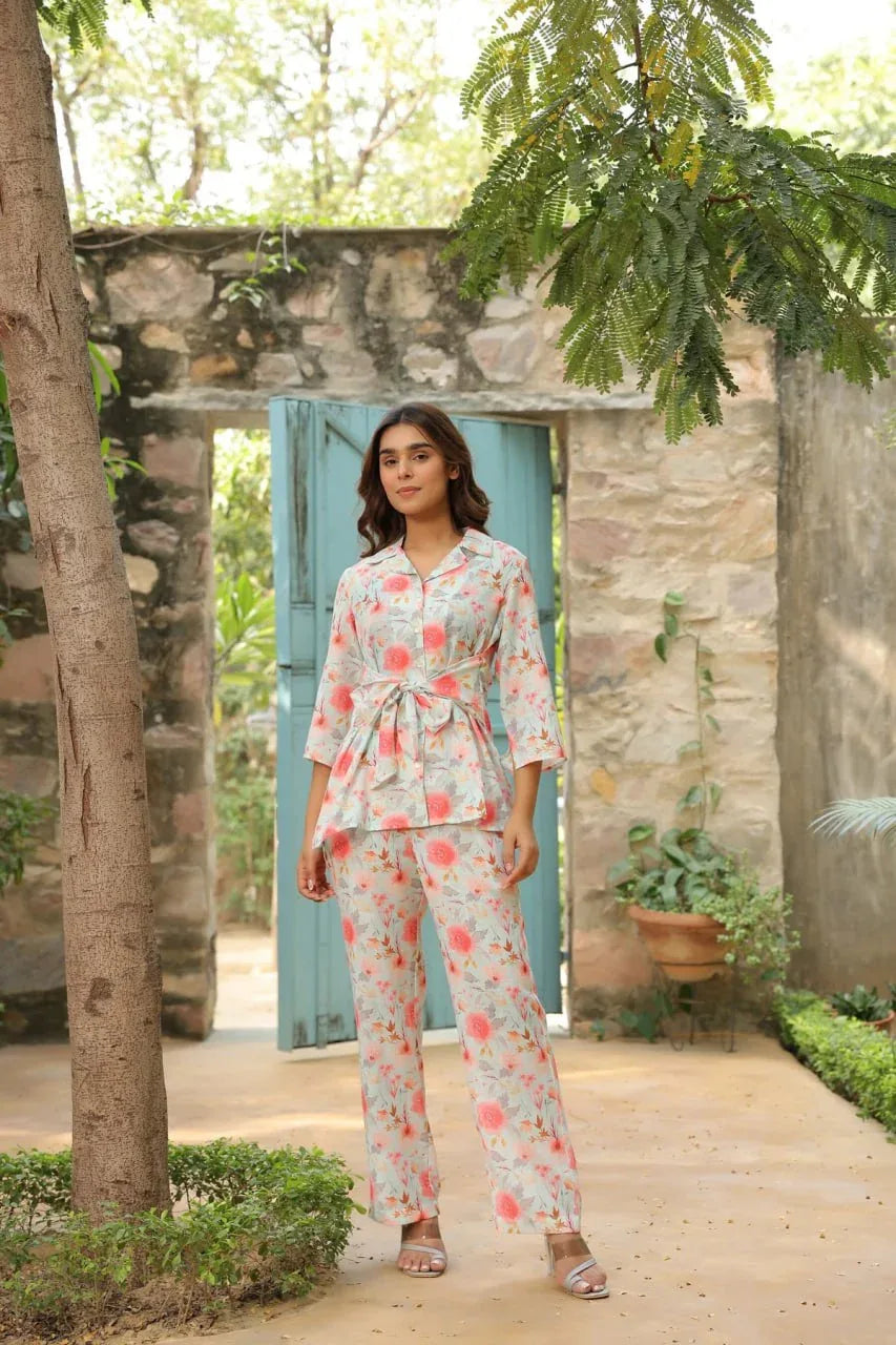 Beautiful Designer Floral Printed Lapel Cotton Co Ord Set