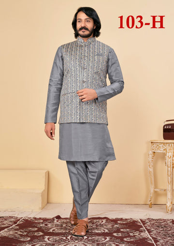 Beautiful Men's Designer Silk Kurta Payjama With Koti Jacket