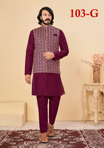 Beautiful Men's Designer Silk Kurta Payjama With Koti Jacket