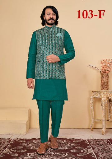 Beautiful Men's Designer Silk Kurta Payjama With Koti Jacket
