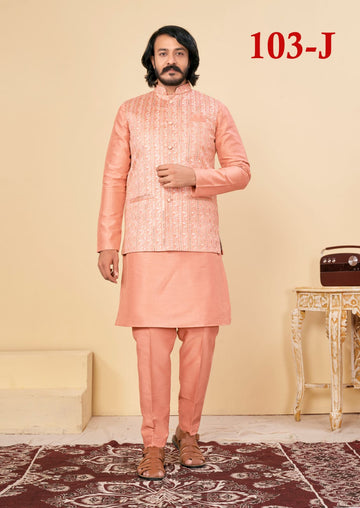 Beautiful Men's Designer Silk Kurta Payjama With Koti Jacket