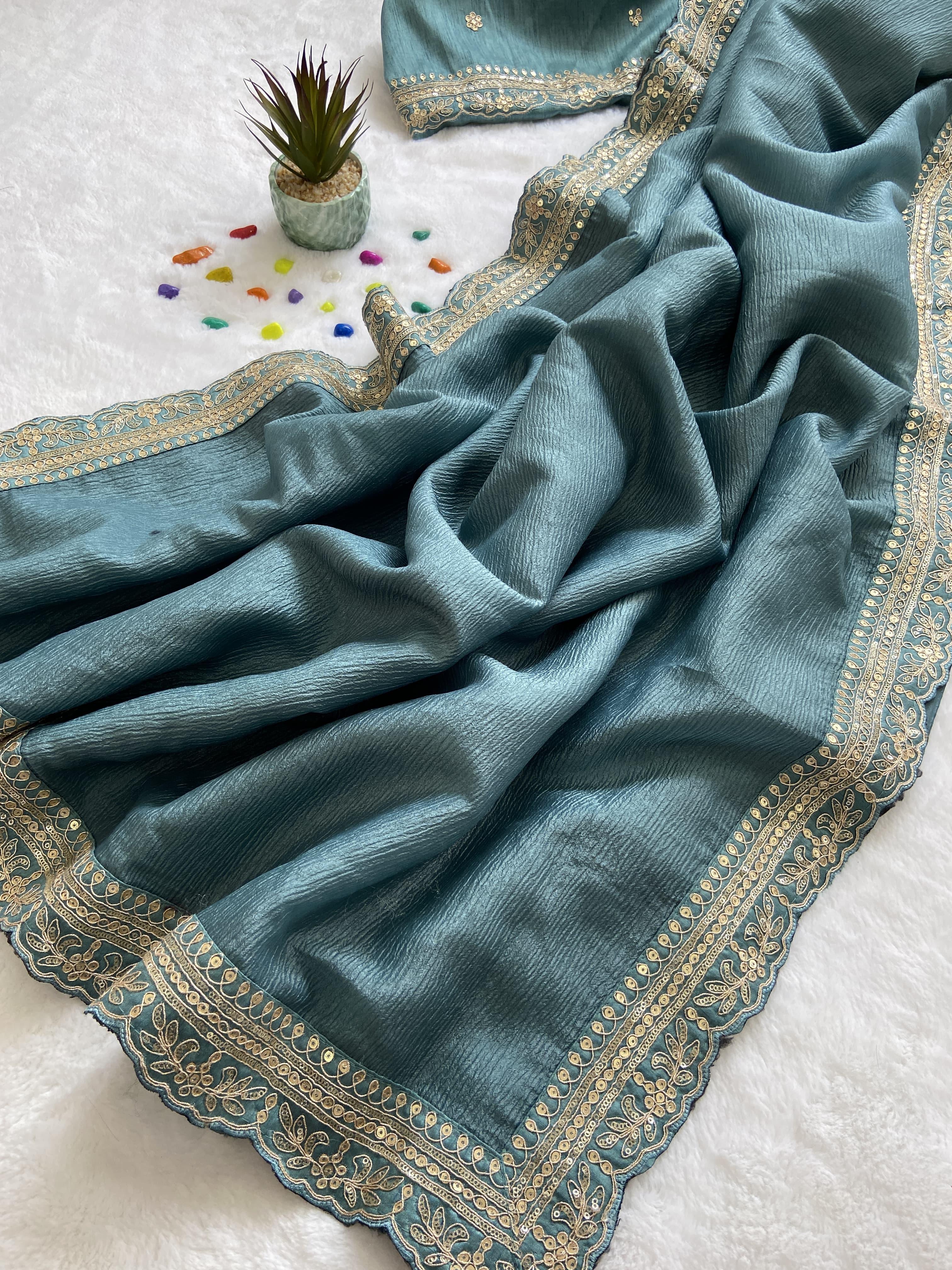 Beautiful Designer Party Wear Soft Weave Crush Silk Saree