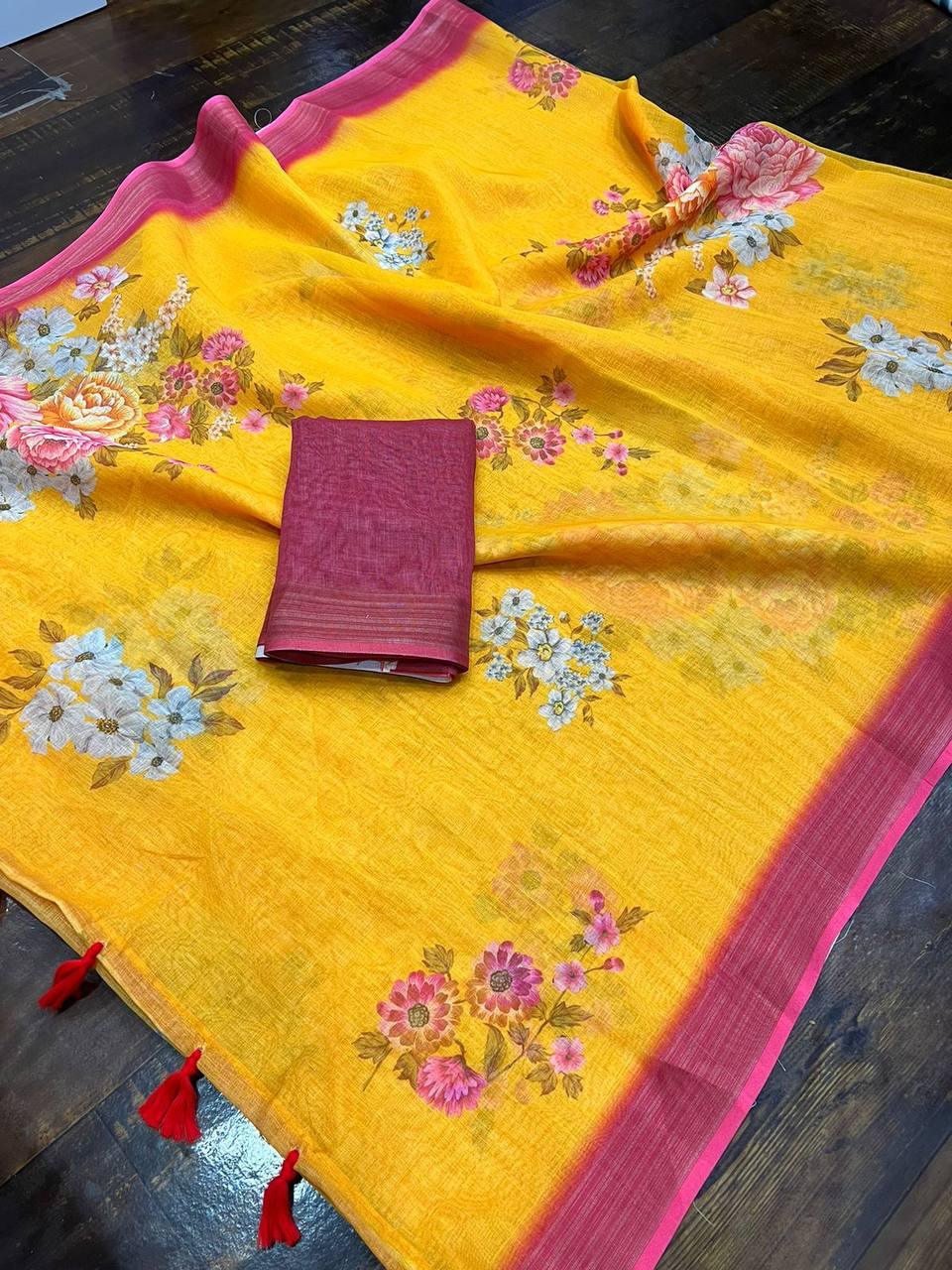 Beautiful Designer Party Wear Plain Linen Saree