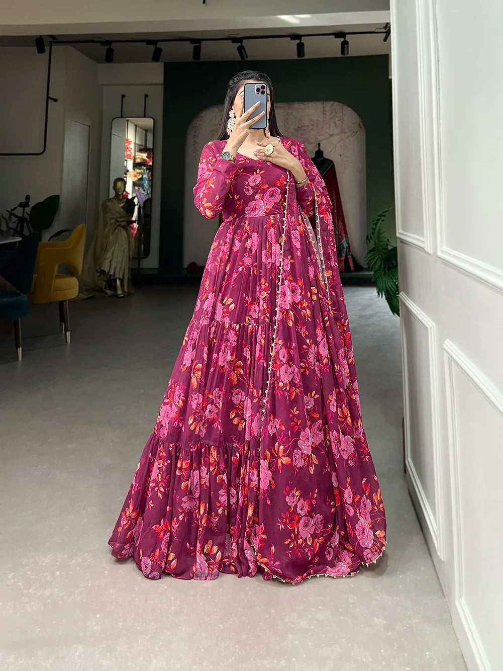 Beautiful Designer Occasion Wear Georgette Flower Print Gown